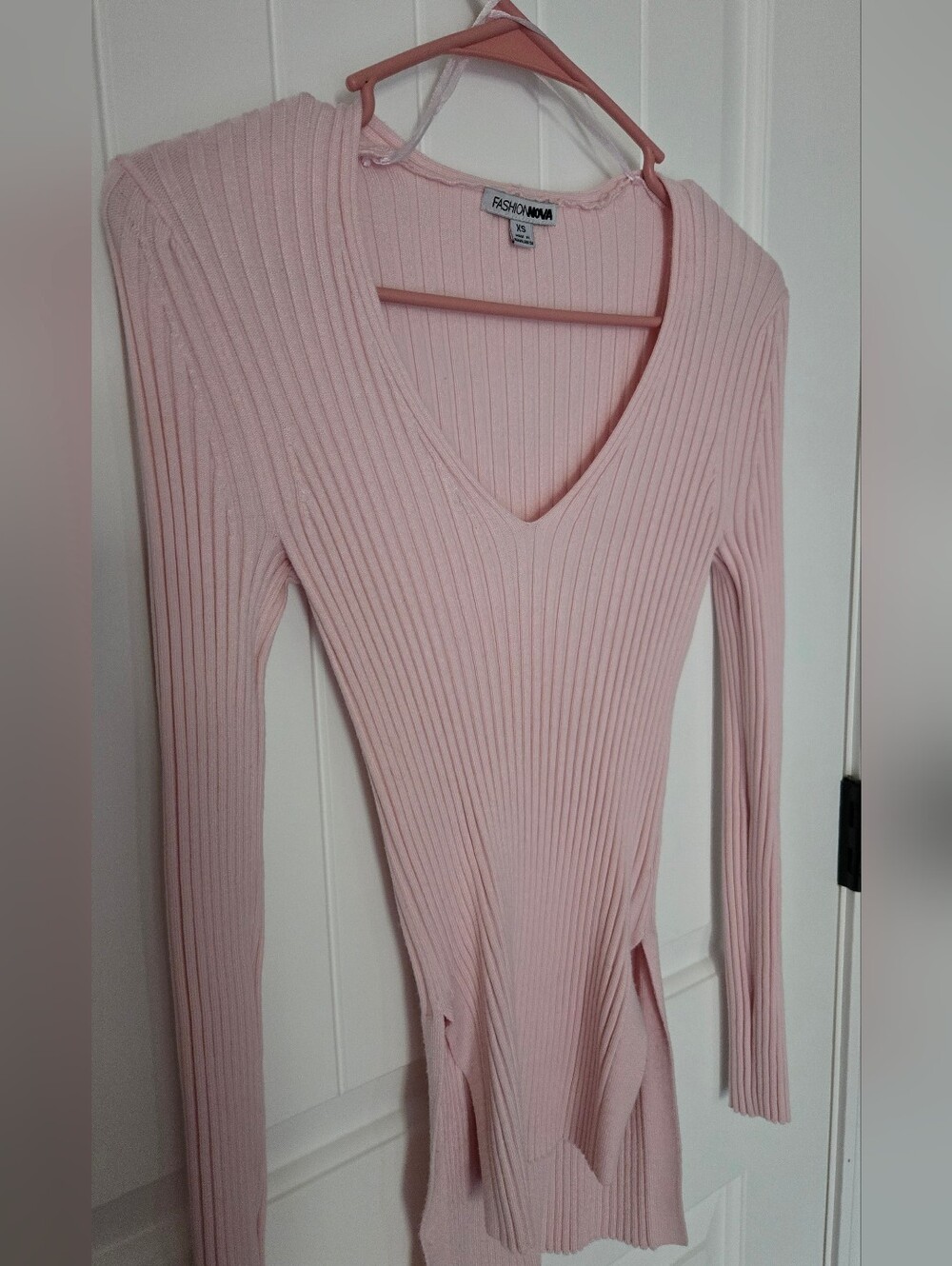 Fashion Nova Blush Pink Ribbed V-Neck Top